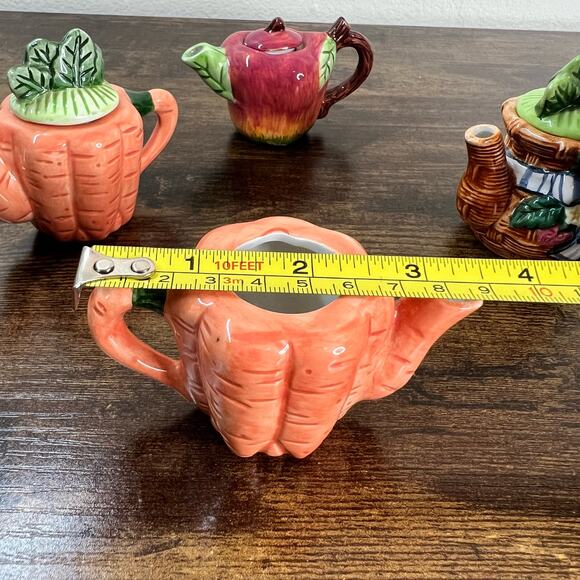 4 Vintage Fine Ceramic Miniature Lidded Teapots Apple Carrot Basket Collectible - Picture 6 of 12